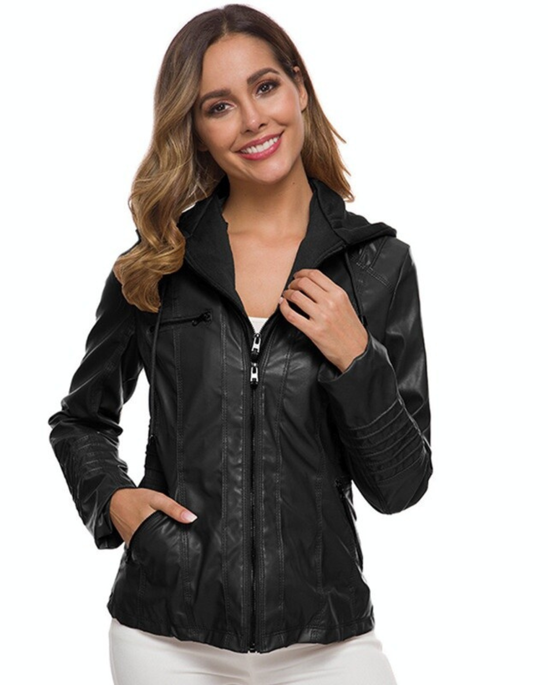 Dames Leren Jas met Afneembare Capuchon en Ritssluiting