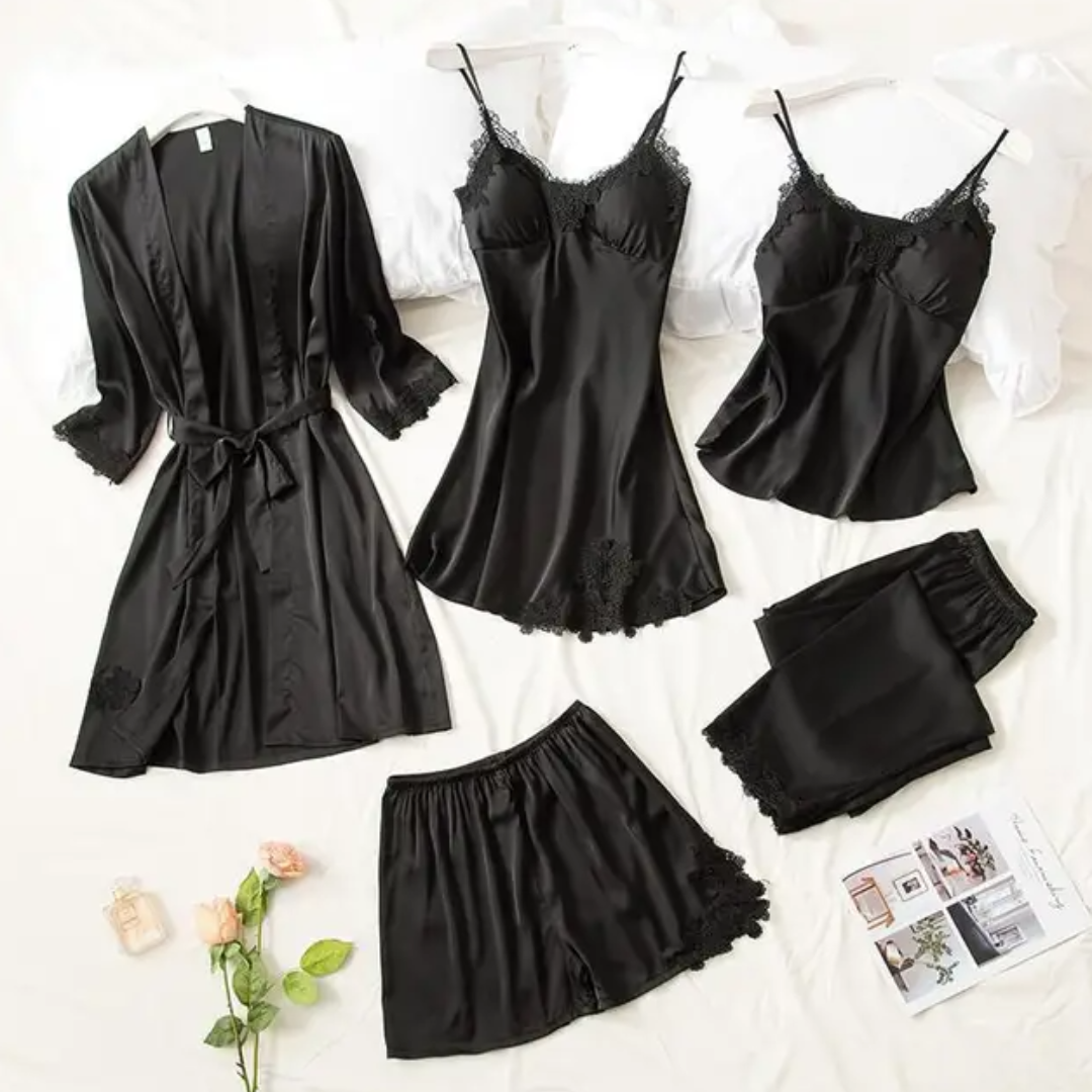 Dames Satijnen Pyjama Set van 5 Stuks met Kanten Afwerking