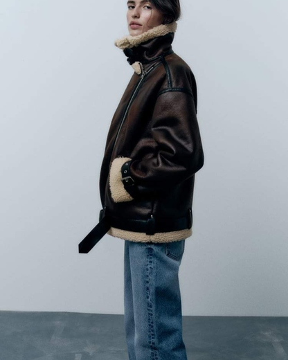 Dames Aviator Jas met Teddy Voering en Ritssluiting