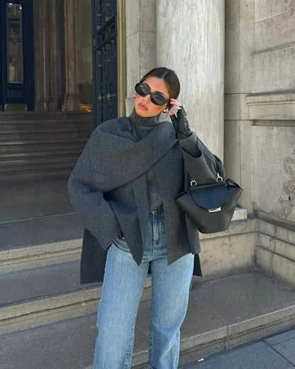 Dames Cape Vest met Scarf Kraag en Knoop Detail