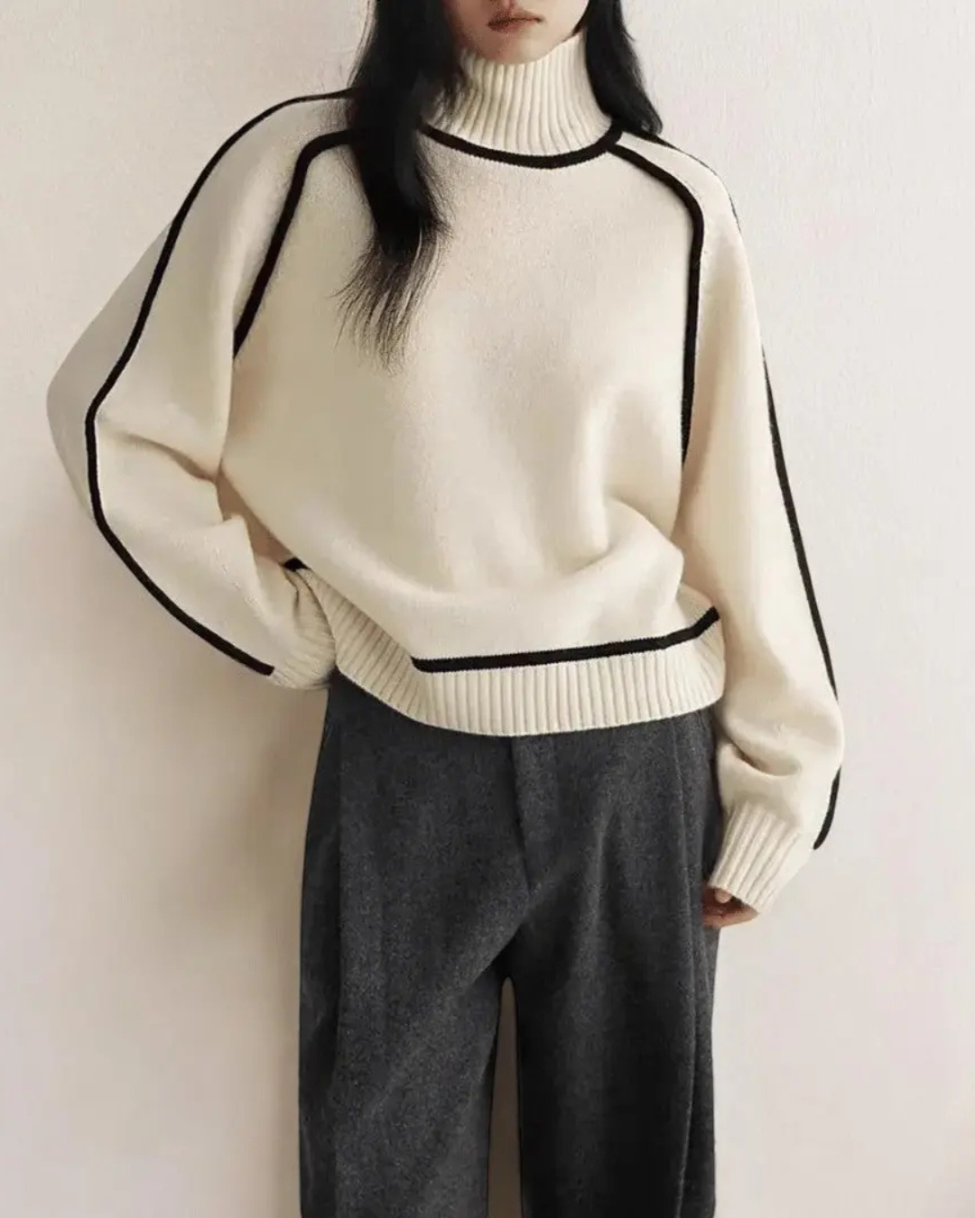 Dames Coltrui met Contrasterende Bies en Geribbelde Details