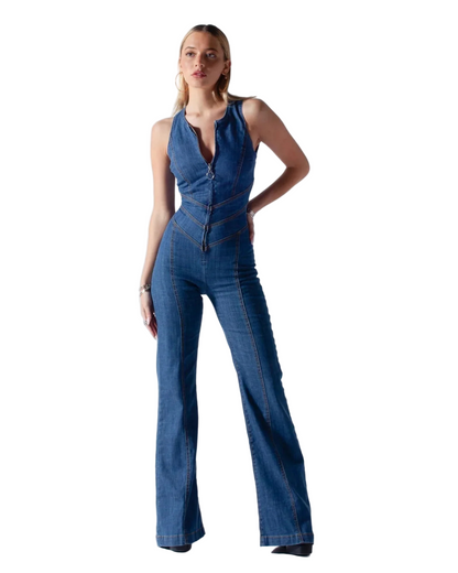 Dames Denim One Piece Pak met V-Hals en Ritssluiting