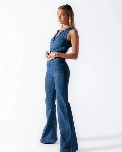 Dames Denim One Piece Pak met V-Hals en Ritssluiting