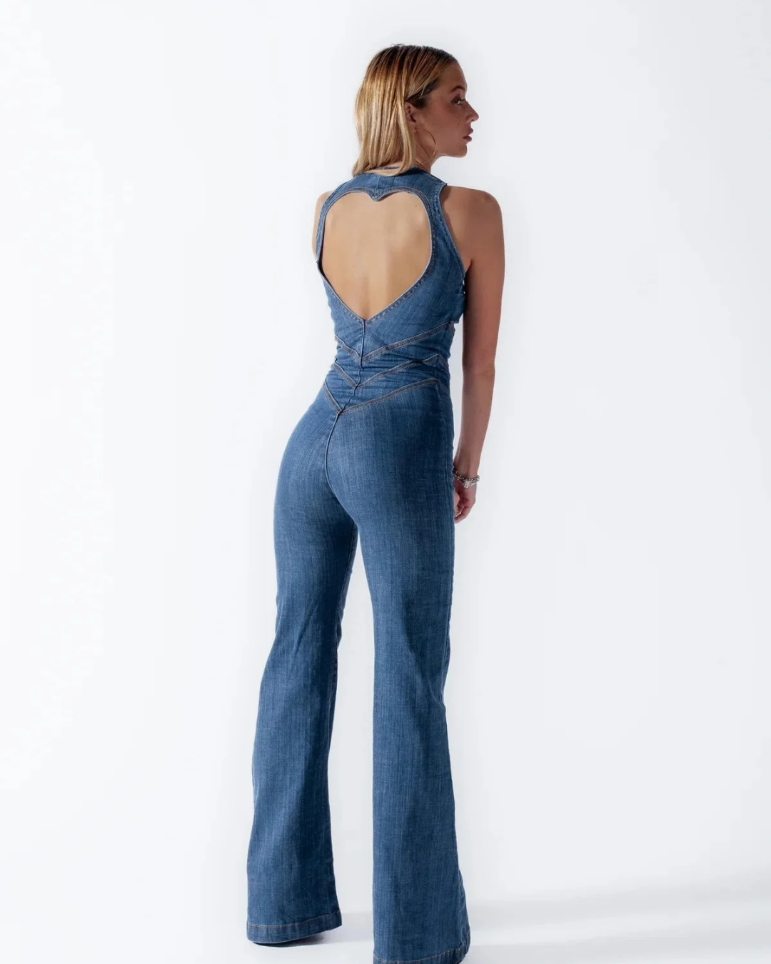 Dames Denim One Piece Pak met V-Hals en Ritssluiting