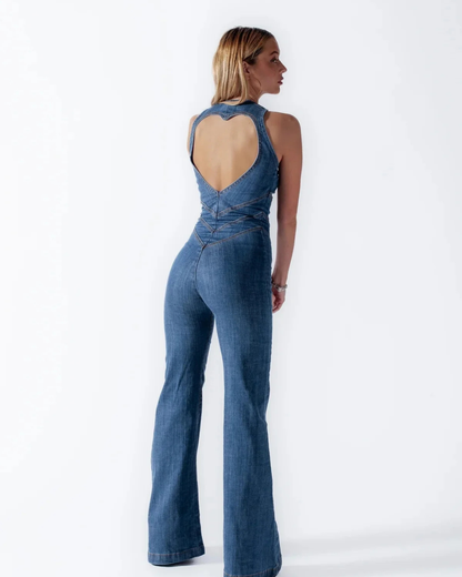 Dames Denim One Piece Pak met V-Hals en Ritssluiting