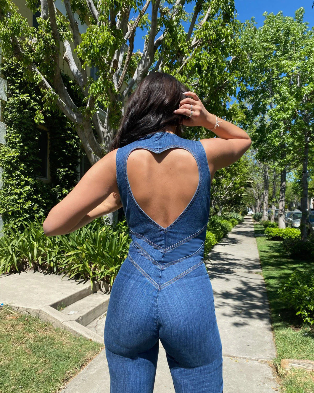 Dames Denim One Piece Pak met V-Hals en Ritssluiting