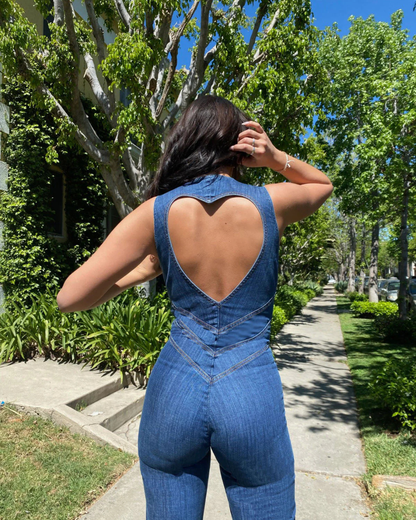 Dames Denim One Piece Pak met V-Hals en Ritssluiting