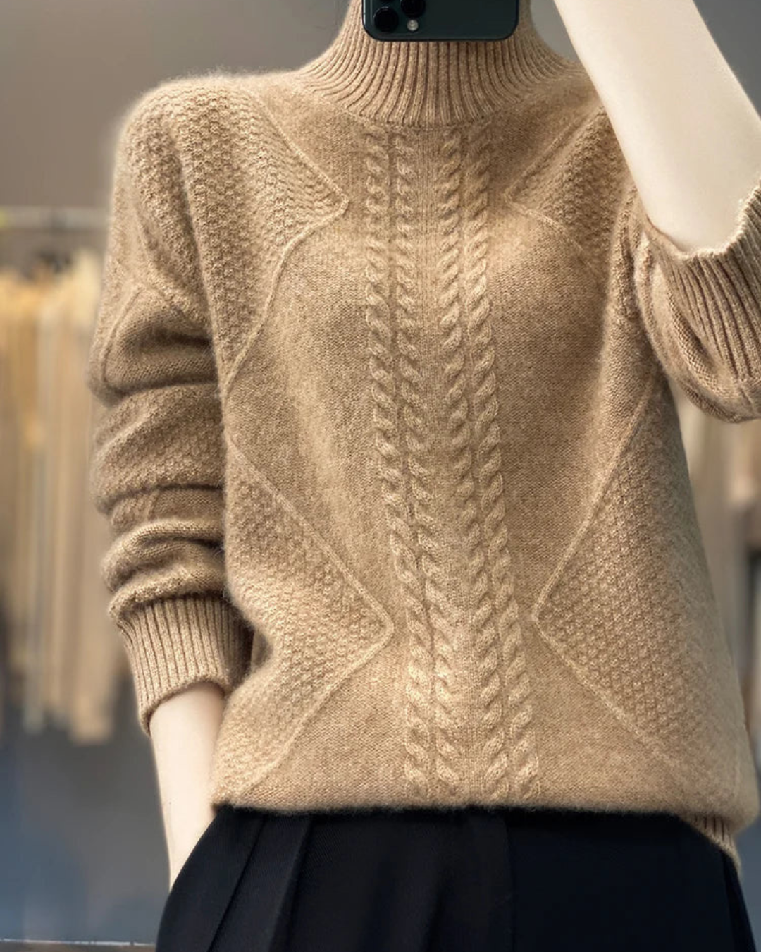 Dames Gebreide Trui met Coltrui en Kabelpatroon