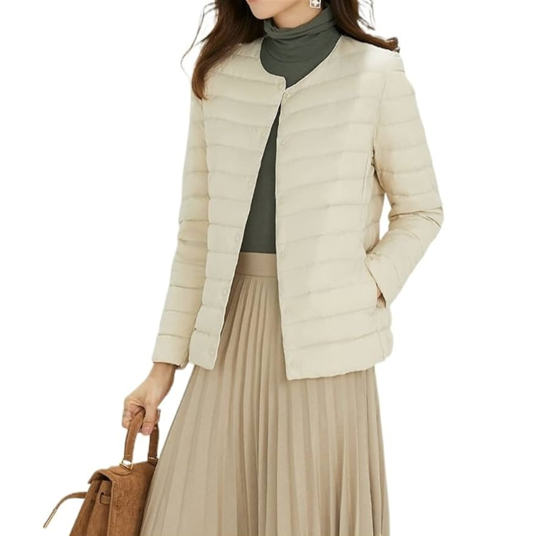 Dames Gewatteerde Jas met Ronde Hals en Knopsluiting