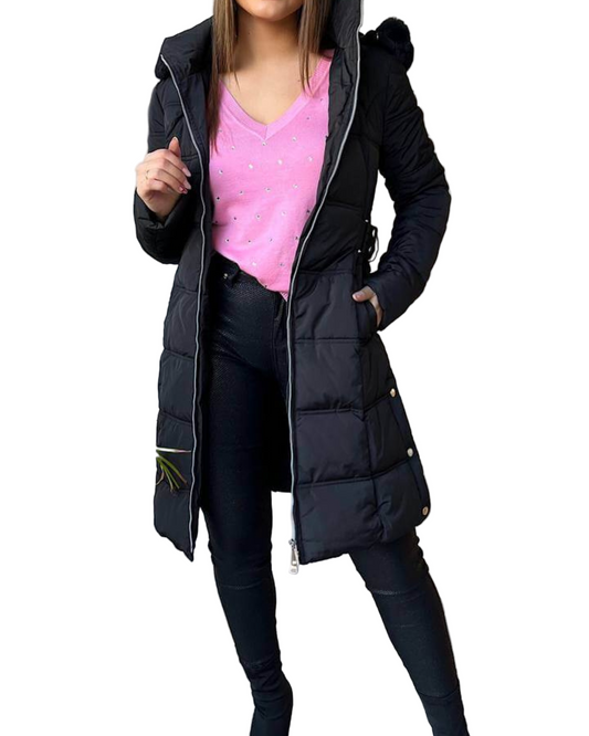 Dames Gewatteerde Lange Jas met Capuchon en Ritssluiting