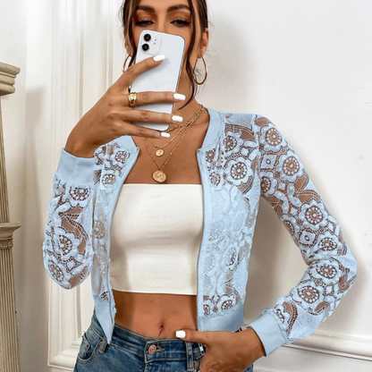 Dames Korte Bomber Jas met Kant Overlay en Ritssluiting