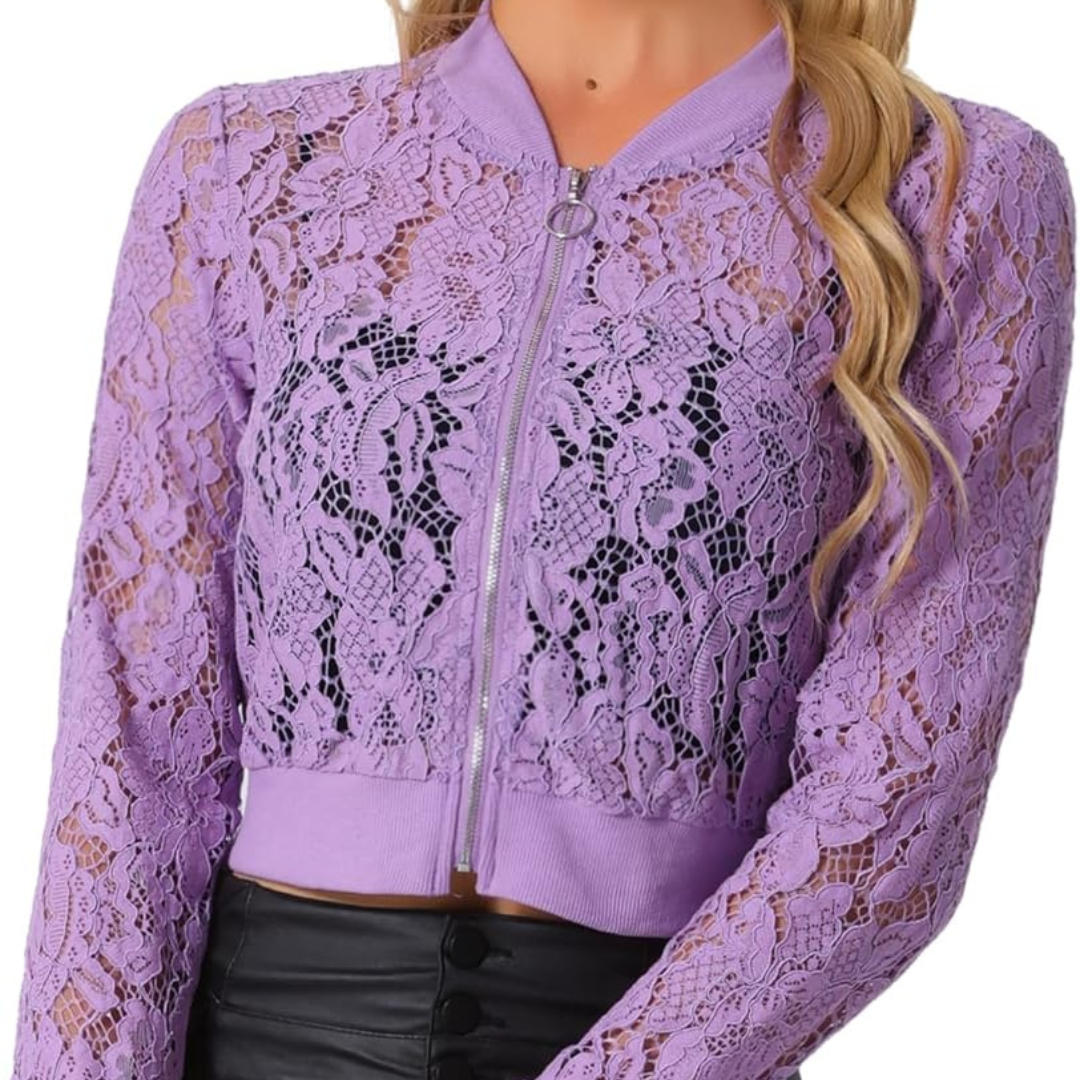 Dames Korte Bomber Jas met Kant Overlay en Ritssluiting