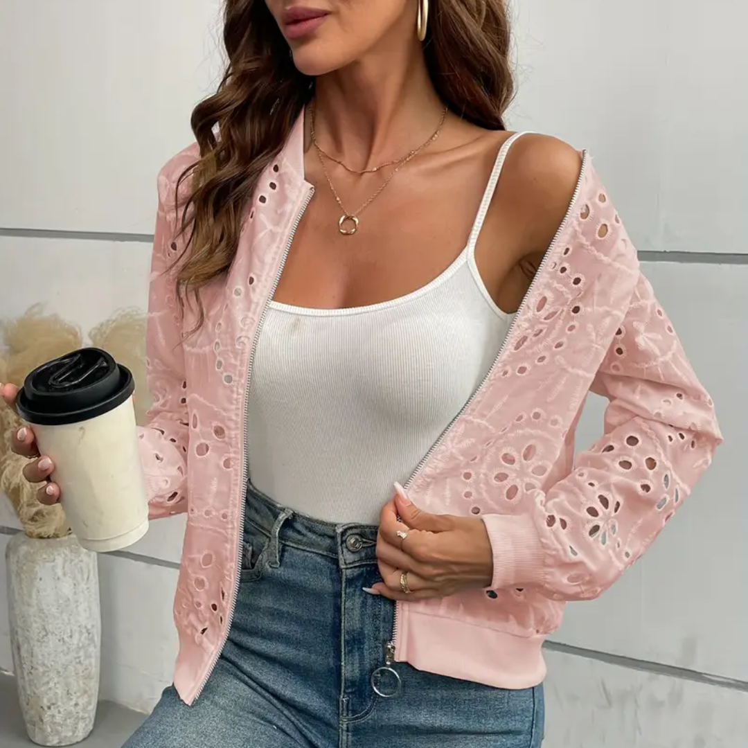 Dames Korte Bomber Jas met Kant Overlay en Ritssluiting