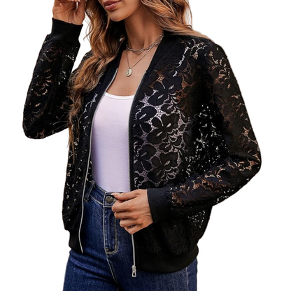 Dames Korte Bomber Jas met Kant Overlay en Ritssluiting