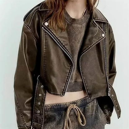 Dames Korte Leren Biker Jas met Asymmetrische Ritssluiting
