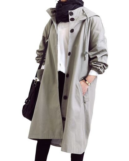 Dames Lange Jas met Capuchon en Knopsluiting