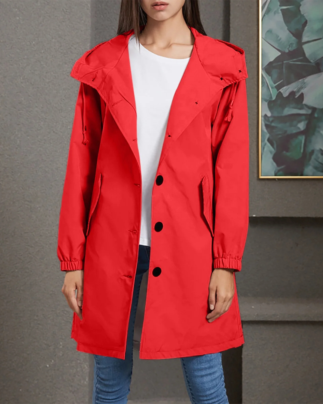 Dames Lange Jas met Capuchon en Knopsluiting