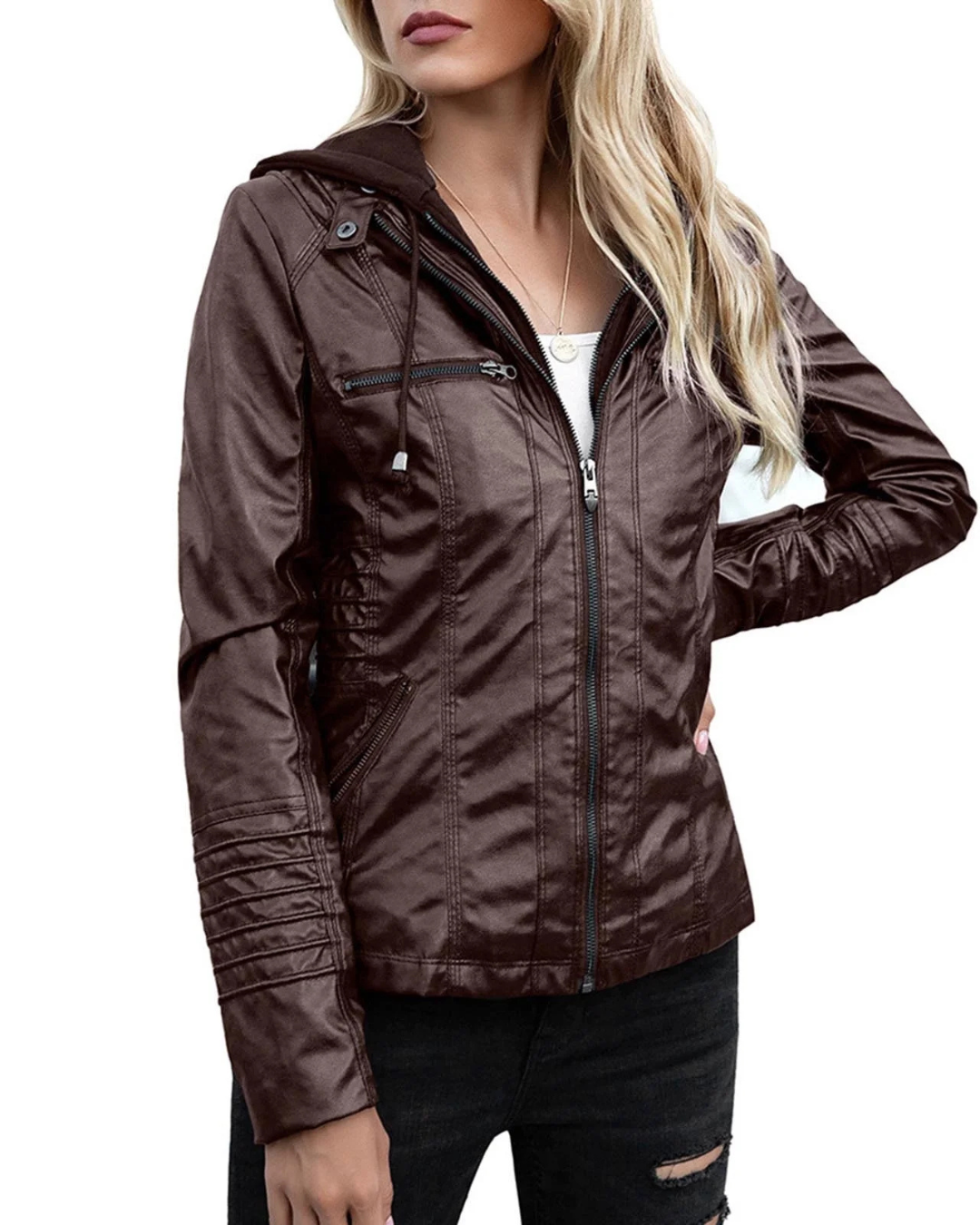 Dames Leren Jas met Afneembare Capuchon en Ritssluiting