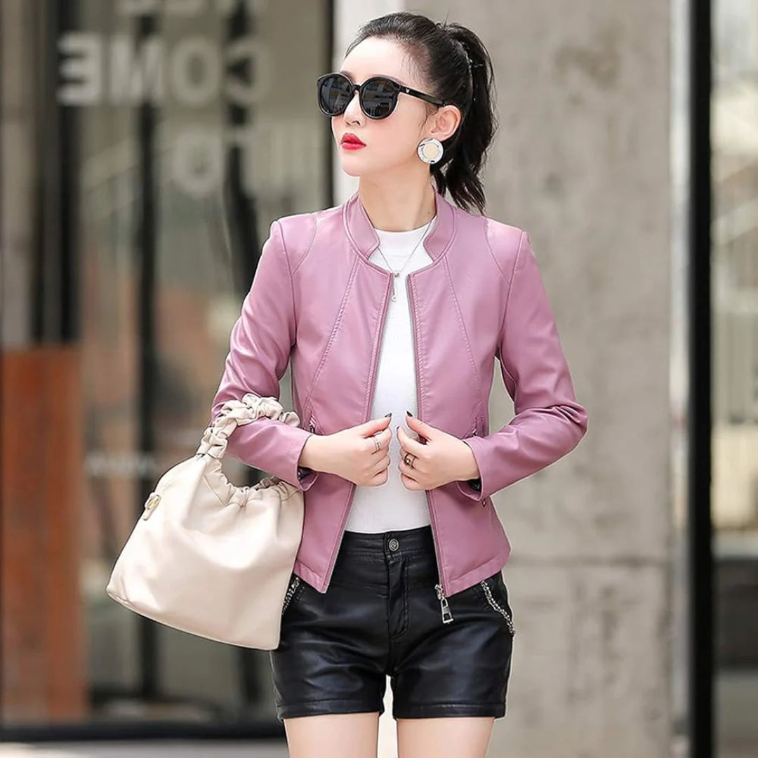 Dames Leren Jas met Staande Kraag en Ritssluiting