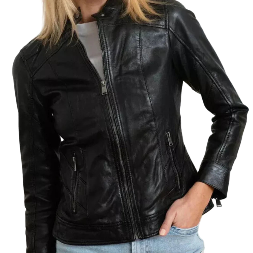 Dames Leren Jas met Staande Kraag en Ritssluiting