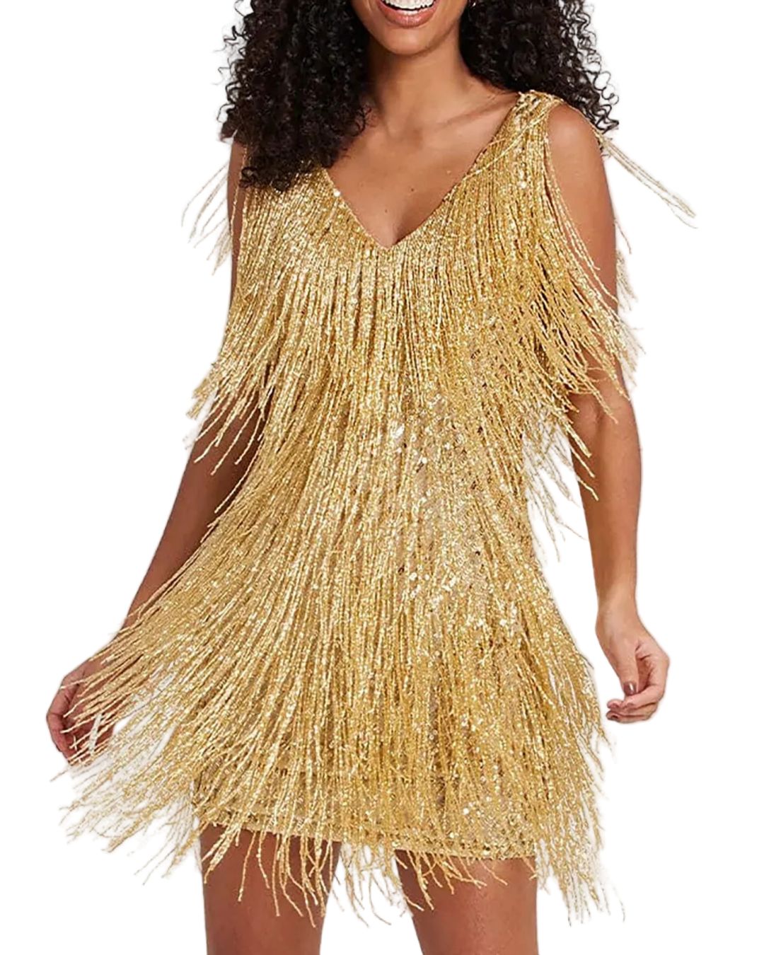 Dames Mini Jurk met Franje Details en V-Hals