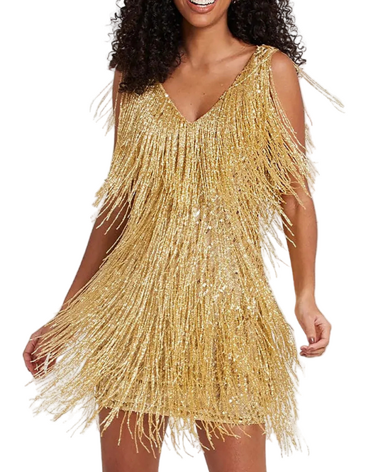 Dames Mini Jurk met Franje Details en V-Hals