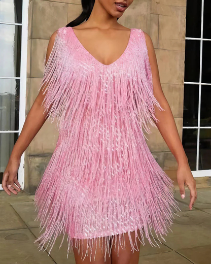 Dames Mini Jurk met Franje Details en V-Hals