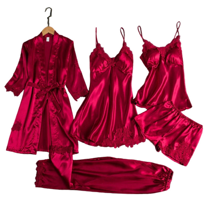Dames Satijnen Pyjama Set van 5 Stuks met Kanten Afwerking