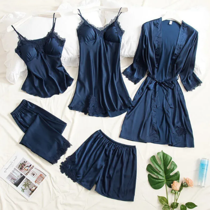 Dames Satijnen Pyjama Set van 5 Stuks met Kanten Afwerking