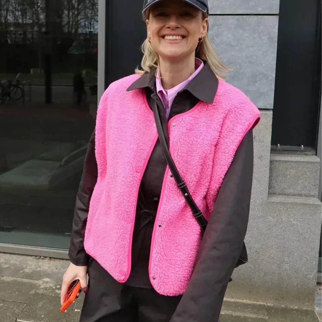 Dames Teddy Vest met Drukknopen en Zijzakken