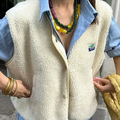 Dames Teddy Vest met Drukknopen en Zijzakken