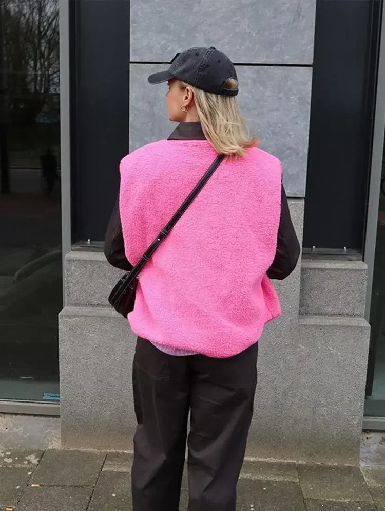 Dames Teddy Vest met Drukknopen en Zijzakken