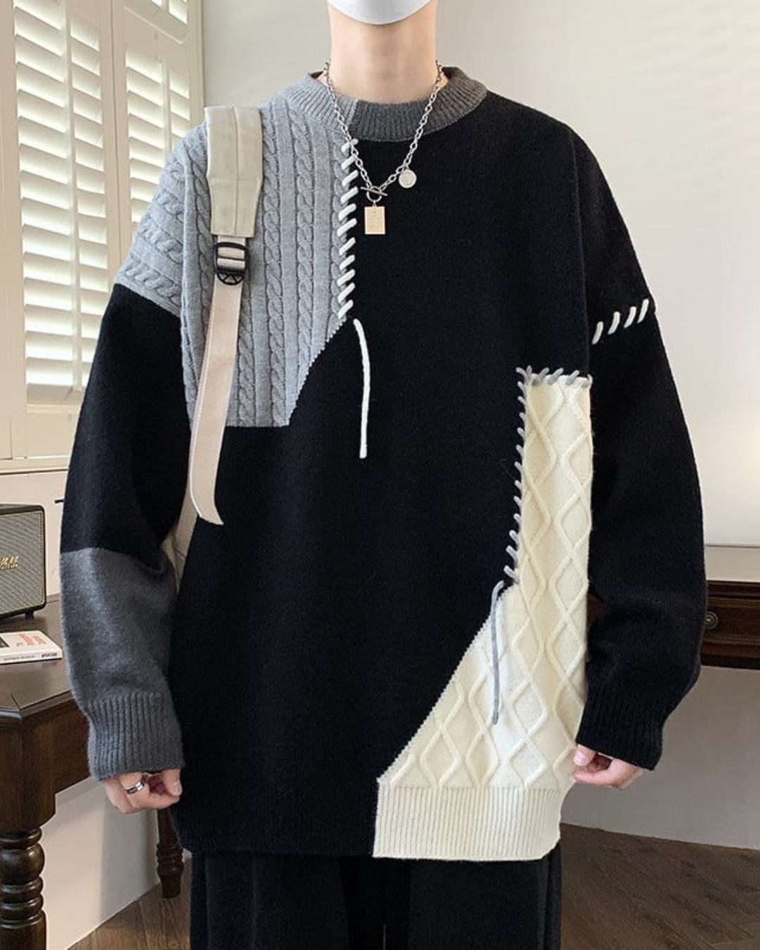 Heren Gebreide Trui met Colorblock Panelen en Contrasterende Stiksels