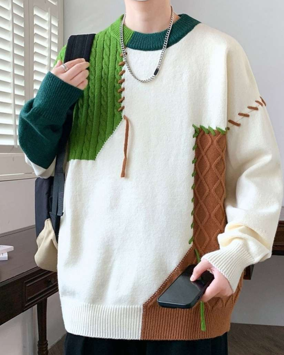 Heren Gebreide Trui met Colorblock Panelen en Contrasterende Stiksels