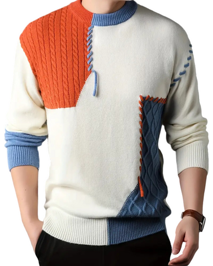 Heren Gebreide Trui met Colorblock Panelen en Contrasterende Stiksels