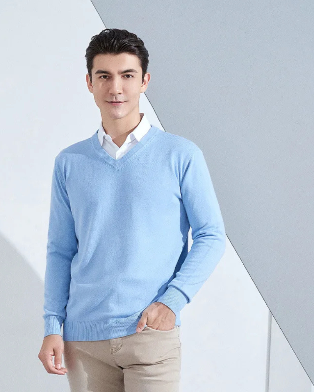 Heren Gebreide Trui met V-Hals en Lange Mouwen