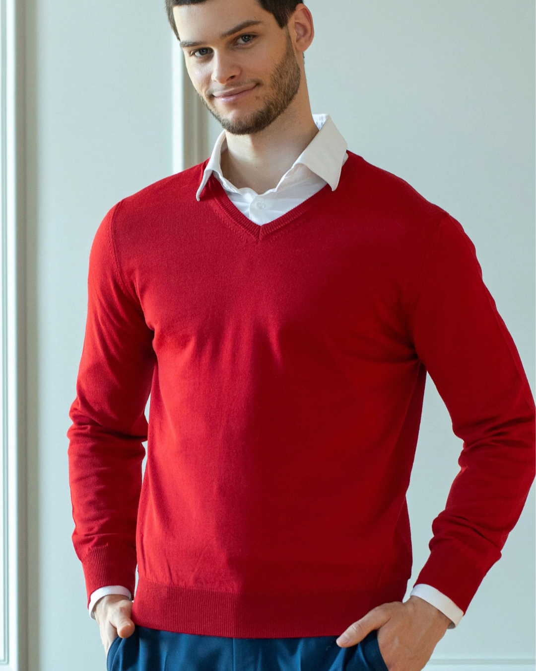 Heren Gebreide Trui met V-Hals en Lange Mouwen