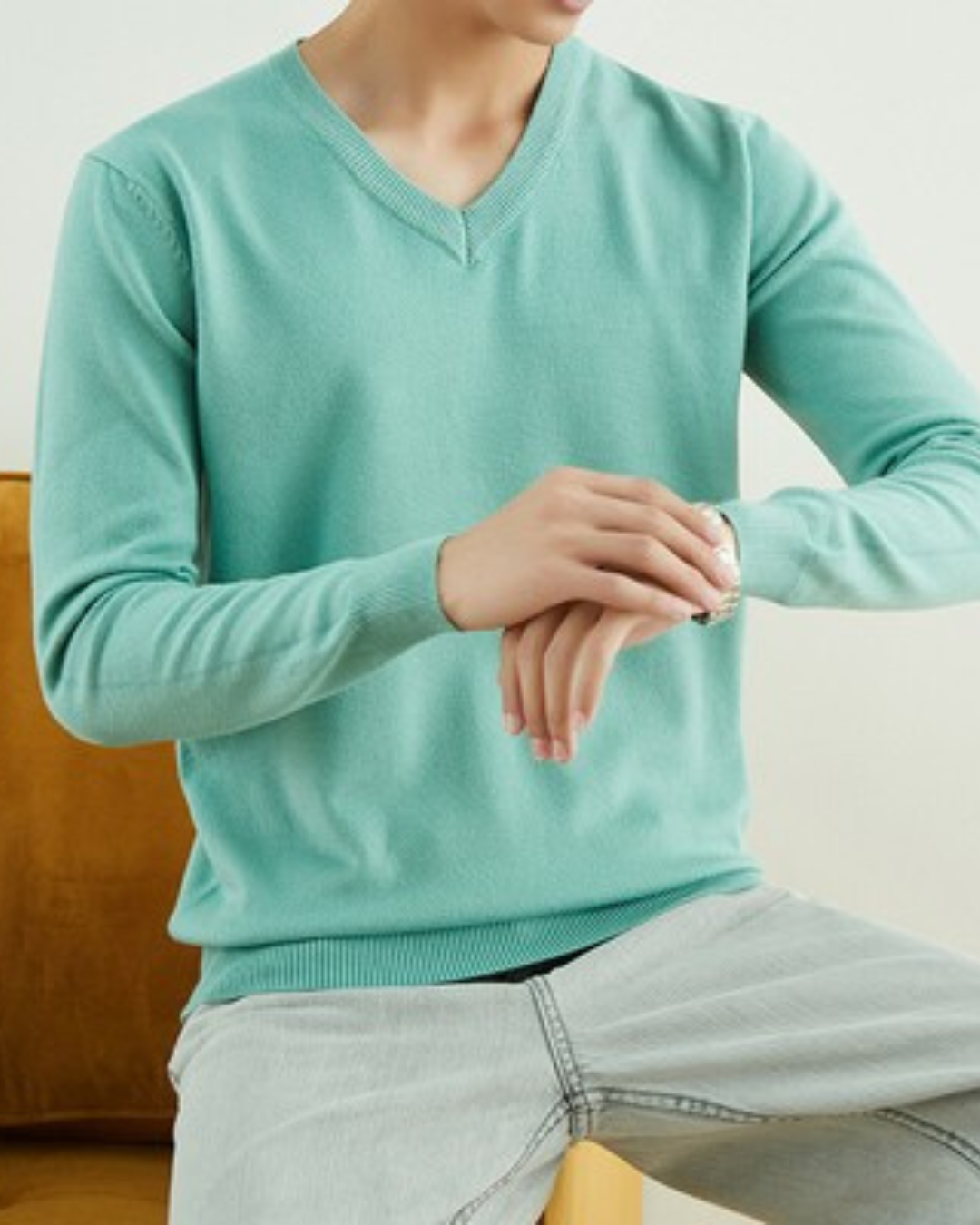 Heren Gebreide Trui met V-Hals en Lange Mouwen