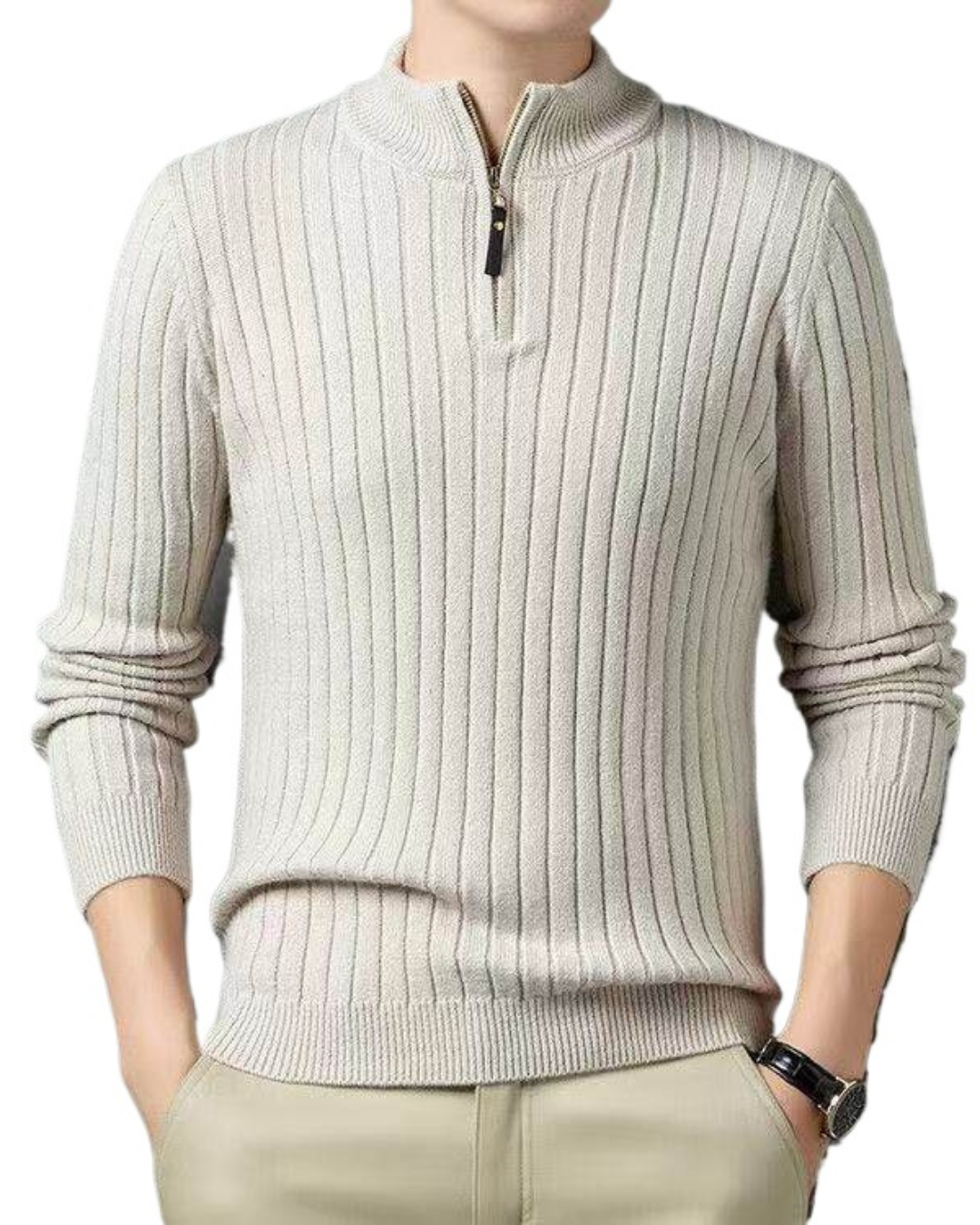 Heren Gebreide Trui met Verticale Ribbels en Kwart Ritssluiting