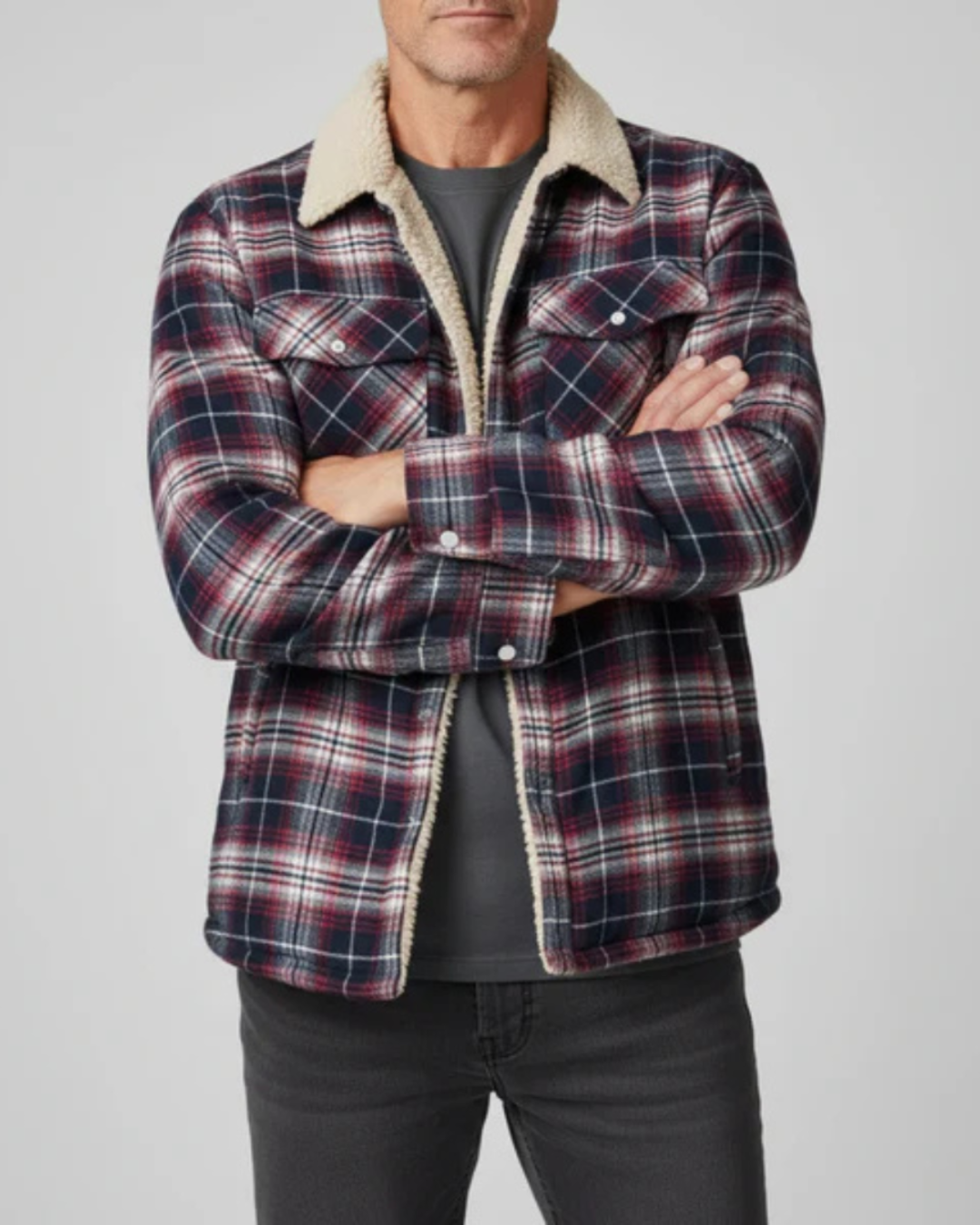 Heren Geruit Jas met Teddy Voering en Knopsluiting