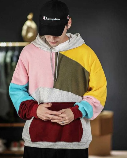 Heren Hoodie met Colorblock Panelen en Kengoeroe-Zak