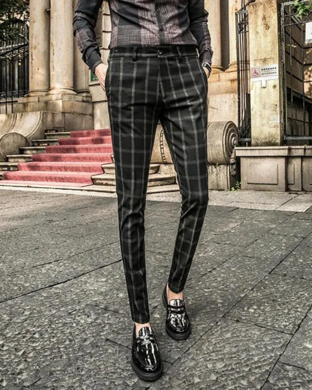 Heren Geruite Chino Broek met Rechte Pijpen